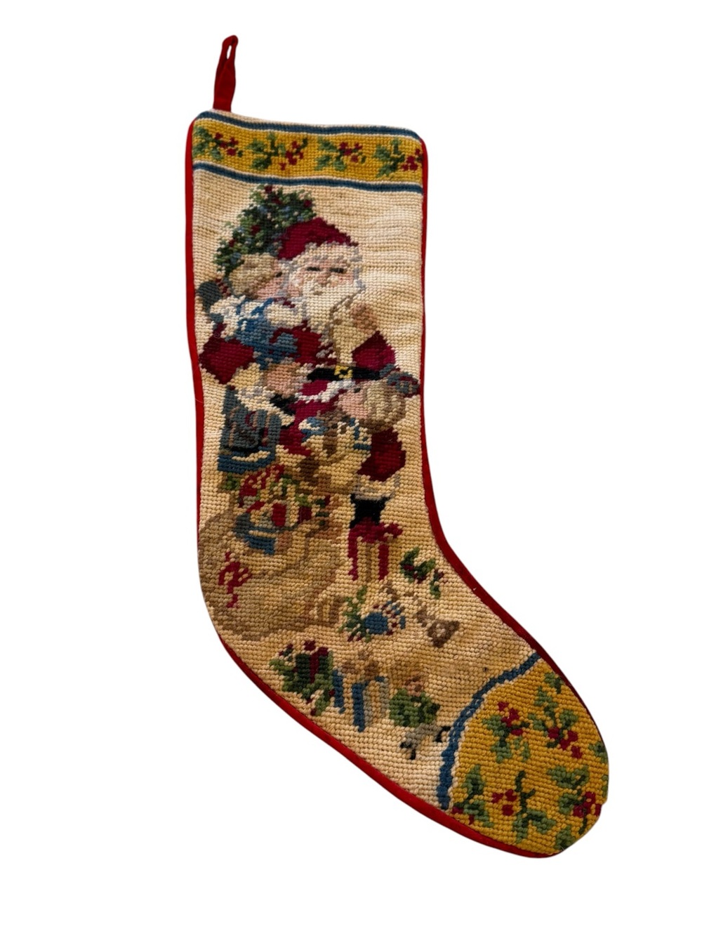 Santa Needlepoint Christmas Stocking Red Velvet Holly Gift Classic Holiday Decor